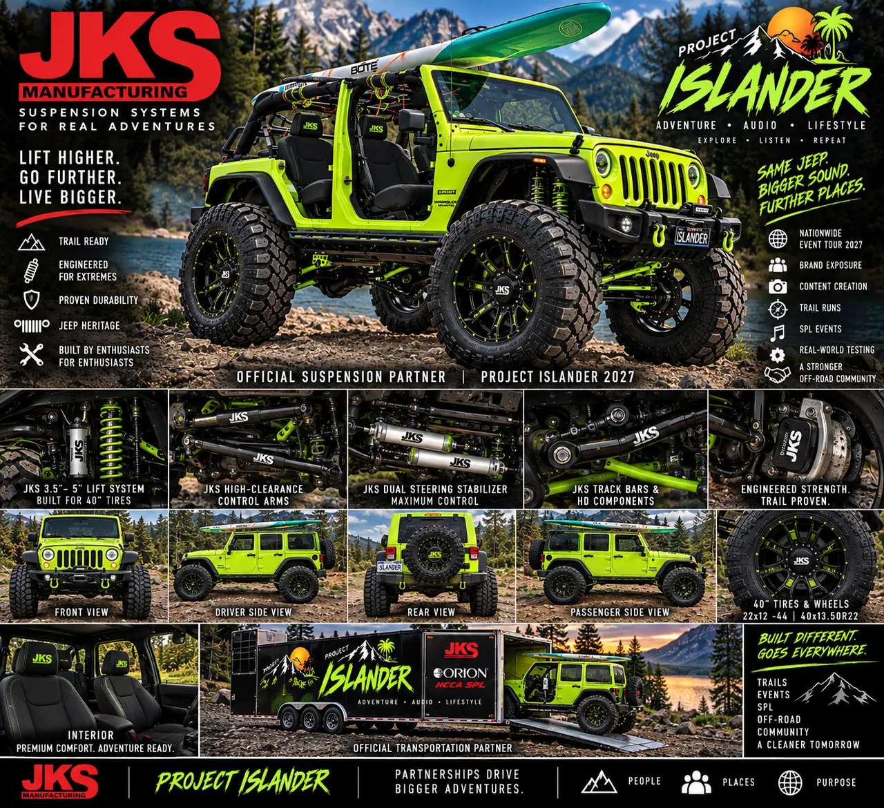 Illustrative suspension concept showing a lifted Hyper Green Jeep and proposed JKS branding.